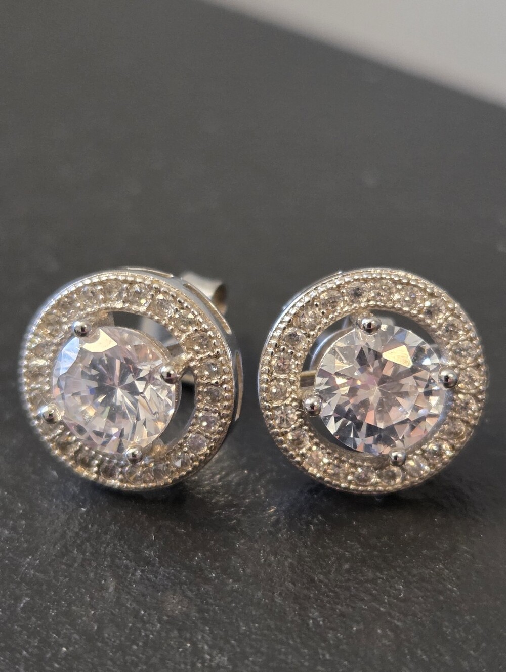 925 Sterling Silver Halo Stud Earrings Round Clear Crystal Micro Pave Bridal Fun